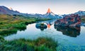 Impressive summer scene of the Stellisee lake. Splendid evening view of Matterhorn Monte Cervino, Mont Cervin in Swiss Alps, Swi