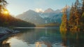 The impressive summer sunrise over Eibsee lake is a testament to the sunny outdoor scene in the German Alps Royalty Free Stock Photo