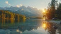 The impressive summer sunrise over Eibsee lake is a testament to the sunny outdoor scene in the German Alps Royalty Free Stock Photo