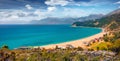 Impressive summer view of Lukove beach. Colorful morning seascape of Adriatic sea.