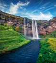 Impressive summer view of Seljalandsfoss watterfall.