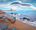 Impressive summer view of Torre di Bari tower. Spectacular morning scene of Sardinia island, Italy, Europe. Wonderful seascape of Royalty Free Stock Photo