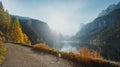 Impressive Sunny Landscape. Wonderful Autumn nature Background. Alpine High Mountain lake Vorderer, Gosausee. Upper Austria. Royalty Free Stock Photo