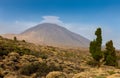 The impressive Teide volcano on the island of Tenerife with the moon on the horizon.