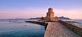 Impressive three-tiered watchtower, Venetian fort castle of Methoni, Greece at sunset time Royalty Free Stock Photo