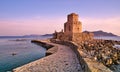 Impressive three-tiered watchtower, Venetian fort castle of Methoni, Greece at sunset time Royalty Free Stock Photo