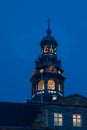 Town hall Maastricht of 1684 located in the center of the market square during twilight with the carillon and the wooden structure