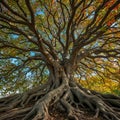 An impressive tree with a thick, gnarled trunk and extensive root system dominates Royalty Free Stock Photo