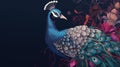 an impressive version of a peacock, black background, ai generated image