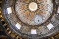 Azpeitia, Spain - August 13 2019: Impressive view of the interior of the sanctuary`s vault, with the hanging lamp