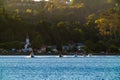 Impressive view of Lake Llanquihue with motor boats that come sailing Royalty Free Stock Photo