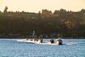 Impressive view of Lake Llanquihue with motor boats that come sailing Royalty Free Stock Photo