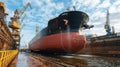 Massive oil tanker in dry dock industrial shipyard repair, maritime engineering, vessel maintenance and global shipping industry Royalty Free Stock Photo