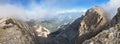 Impressive view on Mytikas, the highest mountain of Olympus ridge in Greece. View from Skala summit. Climbing on Mytikas Royalty Free Stock Photo