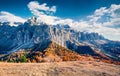 Impressive view from the top of Gardena pass with Piz Boe mountain on background. Colorful autumn scene of the Dolomite Alps,