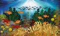 Underwater banner with algae, starfish and tropical fish