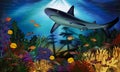 Underwater background with shark and sunken ship