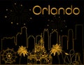 Orlando gold lettering on black backround . Vector with skyscraper , travel icons and fireworks. Travel Postcard.