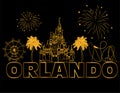 Orlando gold lettering on black backround . Vector with travel icons and fireworks. Travel Postcard.