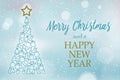 Blue and icy blue background with christmas tree and message merry christmas and a happy new year