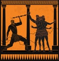 Greek orange and black amphora drawing of athena and zeus