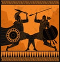 Orange and black figures pottery amphora painting of troy war with achilles fighting