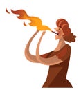 Woman eating spicy food with fire flame