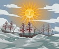 Three columbus caravels sailing to the americas