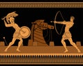 Orange and black figures pottery amphora painting of troy war with achilles fighting Royalty Free Stock Photo