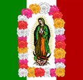 Virgin of Guadalupe, color Roses and mexican flagVector illustration. Royalty Free Stock Photo