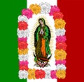 Virgin of Guadalupe, color Roses and mexican flagVector illustration.