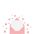 Valentine's Day concept. Illustration of pink running letter below with white background surrounded by paper hearts.