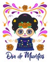 Dia de Muertos, Day of the Dead Spanish text Classic Mexican Catrina Doll and ornaments. Royalty Free Stock Photo