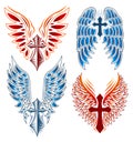 Cross and Wings vector set, Heraldry Tattoo Style elements. Royalty Free Stock Photo
