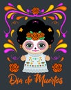 Dia de Muertos, Day of the Dead Spanish text Classic Mexican Catrina Doll and ornaments. Royalty Free Stock Photo