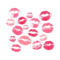 Imprint of Female Lips. Set. Sweet Kiss. Symbol of Romance Love. Silhouette of Seductive Sexy Woman Lips. Smooch. Red and Pink Royalty Free Stock Photo