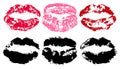 Imprint of lipstick. Lips trace isolated on white background, vector silhouette. Kiss set