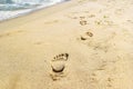 Imprint of a man bare feet on wet sea sand. Footprint on a sandy sea beach. Traces of human feet on the sand near the water Royalty Free Stock Photo