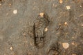 Imprint of the shoe on mud with copy space. Footprints in mud. Rainy Weather Abstract background.Foot mark on the jungle trail.