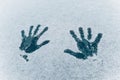 Imprint of two palm hands on the white snow texture. Two human handprints on frozen dark blue glass background. Concept of winter Royalty Free Stock Photo