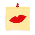 Imprinted kiss on yellow sticky note attached with pin. Realistic sticker and pushpin isolated on white. Red lipstick print. Sexy Royalty Free Stock Photo