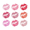 Imprints of lipstick on white. Silhouettes of red, pink, fuchsia lips isolated on white background. Qualitative trace of Royalty Free Stock Photo