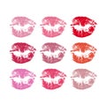 Imprints of lipstick on white. Silhouettes of red, pink, fuchsia lips isolated on white background. Qualitative trace of Royalty Free Stock Photo