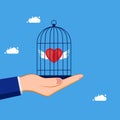 Imprison and control the heart. Lock the heart in the birdcage. business concept