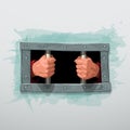 imprisoned hands behind metal bars on white