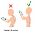 Improper posture symptoms. Text Neck Syndrome. Spinal curvature, kyphosis, lordosis, scoliosis, arthrosis. Improper