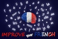 Improve your French Learning Foreign language fluency improvement Human brain glowing letters articles words 3d render