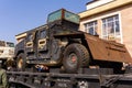 Improvised armored car of terrorists on a railway flatcar Royalty Free Stock Photo