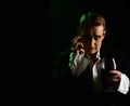 Improvising. Comedian man with mime makeup hold wine glass. Drama theatre actor miming. Performance art and silen comedy Royalty Free Stock Photo