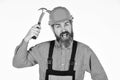 Impulse for changes. Bearded mature man in uniform. Guy with hammer. Good hammer. Essential tips for using hammer